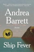 Cover image of Ship Fever by Andrea Barrett, featuring a still ocean with a large rocky cliff