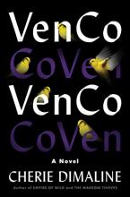Cover image of VenCo by Cherie Dimaline, featuring a black background with words repeating "VenCo" and "Coven" and several yellow birds